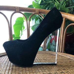 Black Suede Heels with Clear Wedge